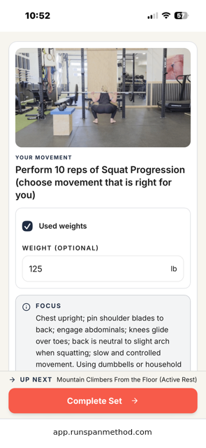 RunSpan Method squat exercise with weight tracking and form cues