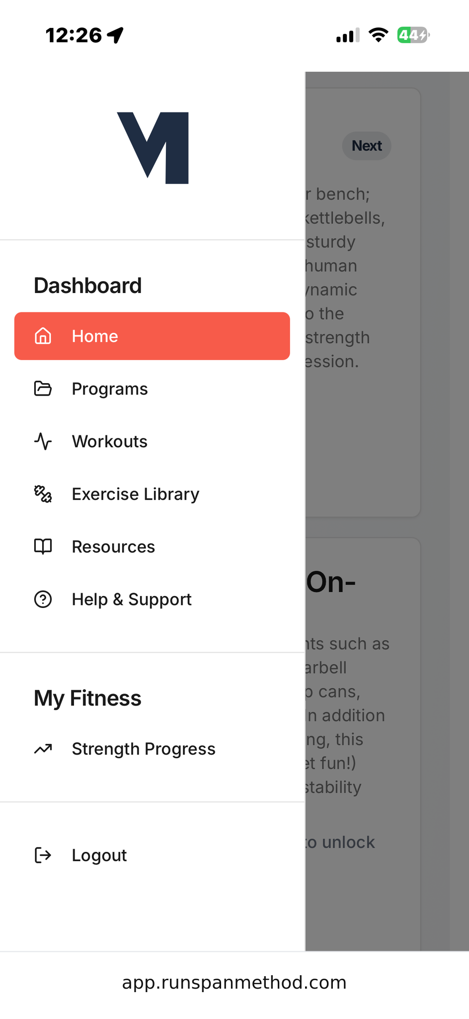 RunSpan Method dashboard menu with programs, workouts, and strength progress
